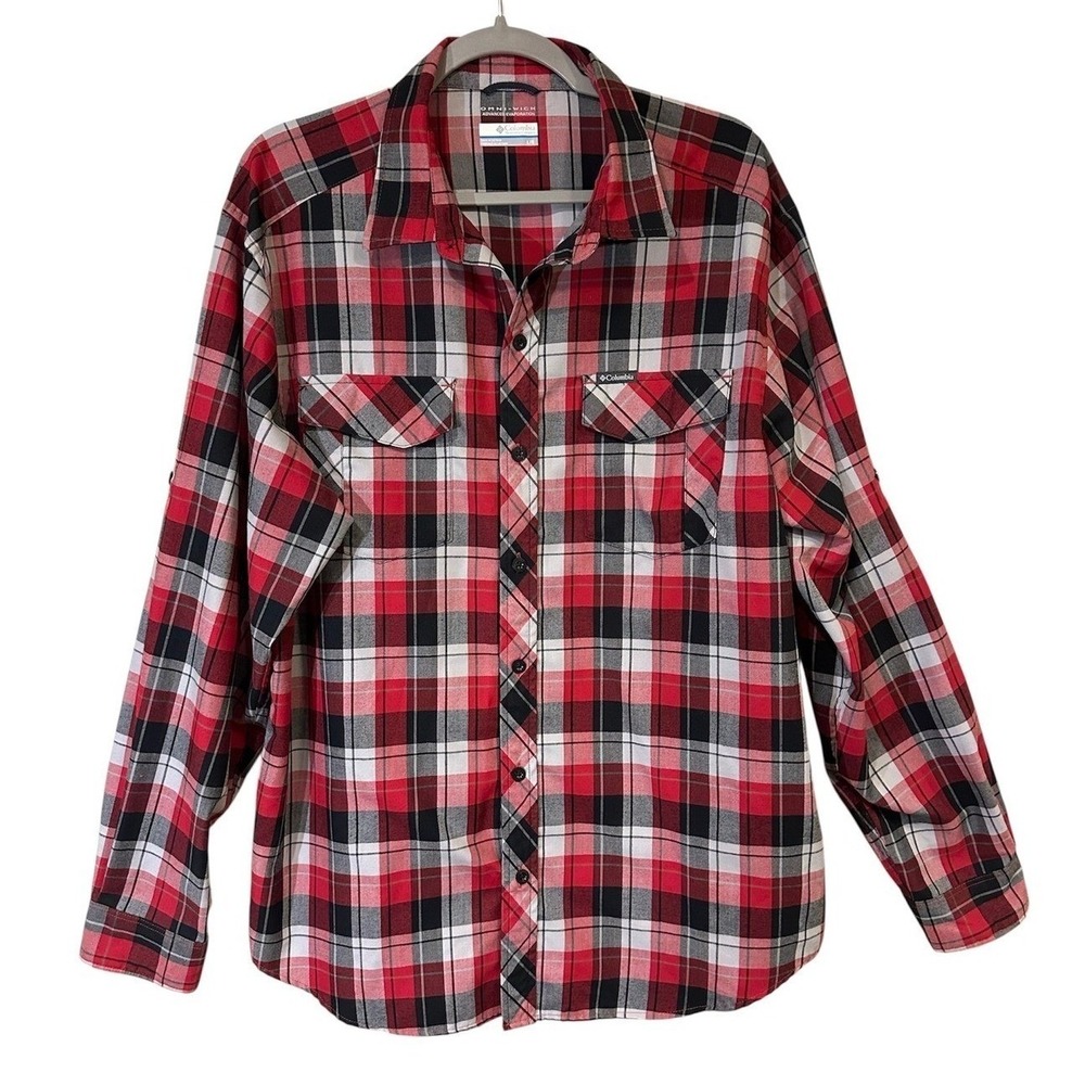 Columbia Mens Omni-Wick Plaid Button Down Shirt Red Black‎ Large
